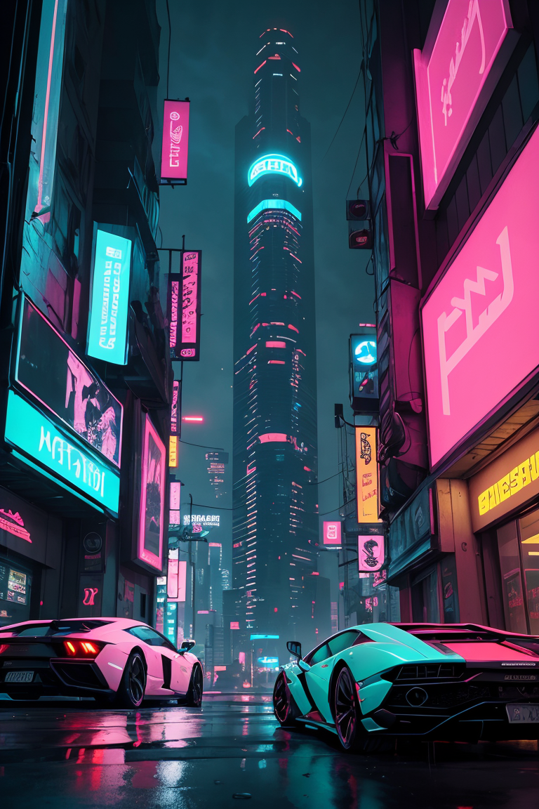 400121-2180446115-futuristic city with neon lights 190 degree image,a Lamborghini car in the foreground,cyberpunk art inspired by Syd Mead,cg soci.png